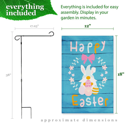 G128 Combo Pack: Garden Flag Stand Black 36 in x 16 in & Garden Flag Happy Easter Decoration Rabbit Gnome with Eggs 12"x18" Double-Sided Blockout Fabric