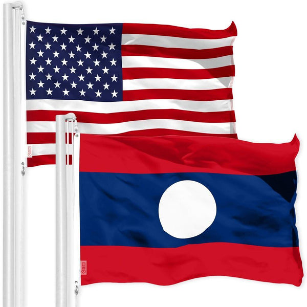 G128 Combo Pack: American USA Flag 3x5 Ft & Laos Flag 3x5 Ft, Both Printed 150D Polyester, Indoor/Outdoor, Brass Grommets