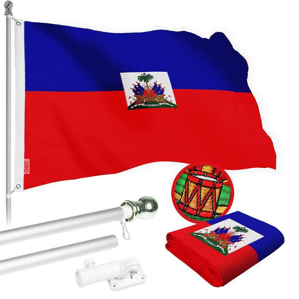 G128 Combo Pack: 6 Ft Tangle Free Spinning Flagpole (Silver) & Haiti Flag 3x5 Ft Embroidered 220GSM Spun Polyester, Brass Grommets (Flag Included) Aluminum Flag Pole