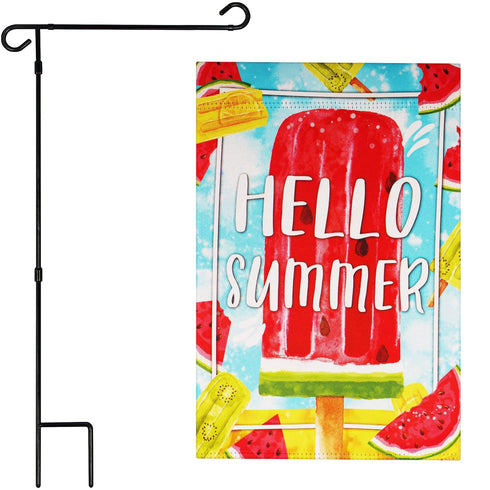 G128 Combo Pack: Garden Flag Stand Black 36 in x 16 in & Garden Flag Summer Decoration Watermelon Popsicle 12"x18" Double-Sided Blockout Fabric