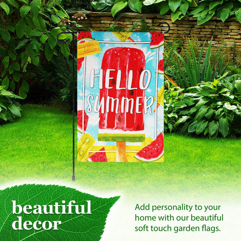 G128 Combo Pack: Garden Flag Stand Black 36 in x 16 in & Garden Flag Summer Decoration Watermelon Popsicle 12"x18" Double-Sided Blockout Fabric