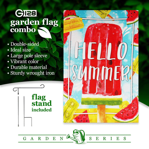 G128 Combo Pack: Garden Flag Stand Black 36 in x 16 in & Garden Flag Summer Decoration Watermelon Popsicle 12"x18" Double-Sided Blockout Fabric