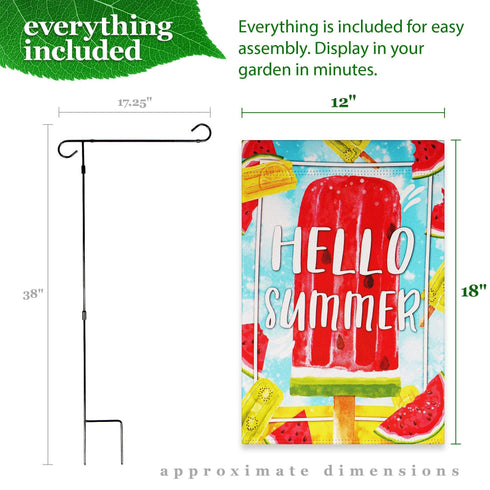 G128 Combo Pack: Garden Flag Stand Black 36 in x 16 in & Garden Flag Summer Decoration Watermelon Popsicle 12"x18" Double-Sided Blockout Fabric