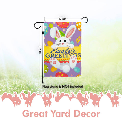 G128 - Easter Greetings with White Bunny & Eggs Garden Flag | 12x18 Inch | Printed 150D Polyester - Rustic Holiday Seasonal Outdoor Flag