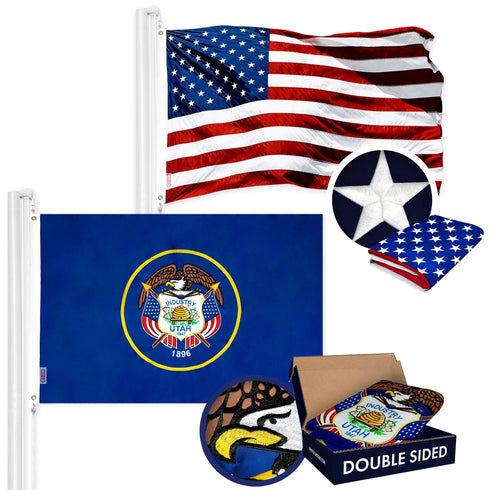 G128 Combo Pack: USA American Flag 3x5 Ft Embroidered Stars & Utah State Flag 3x5 Ft Embroidered Double Sided 2ply