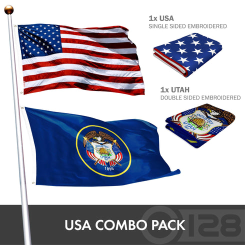 G128 Combo Pack: USA American Flag 3x5 Ft Embroidered Stars & Utah State Flag 3x5 Ft Embroidered Double Sided 2ply