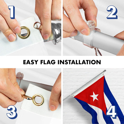 G128 Combo Pack: 6 Ft Tangle Free Aluminum Spinning Flagpole (Silver) & Cuba Cuban Flag 3x5 Ft, ToughWeave Series Embroidered 300D Polyester | Pole with Flag Included