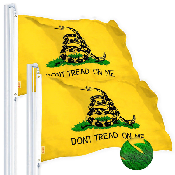 G128 Dont Tread on Me (Gadsden) Flag 2x3 feet 2-Pack Heavy Duty Spun Polyester 220GSM Embroidered “ Tough, Durable, Indoor/Outdoor, Vibrant Colors, Brass Grommets