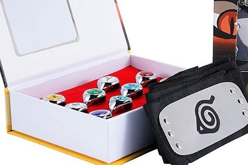 Akatsuki Rings Set 10pcs With Hairband and Chain Cosplay Itachi Sharingan Box