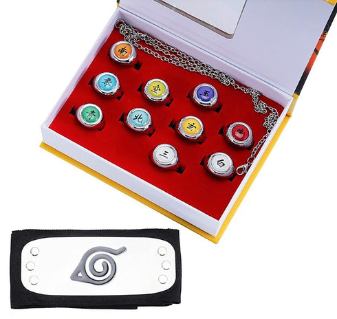 Akatsuki Rings Set 10pcs With Hairband and Chain Cosplay Itachi Sharingan Box