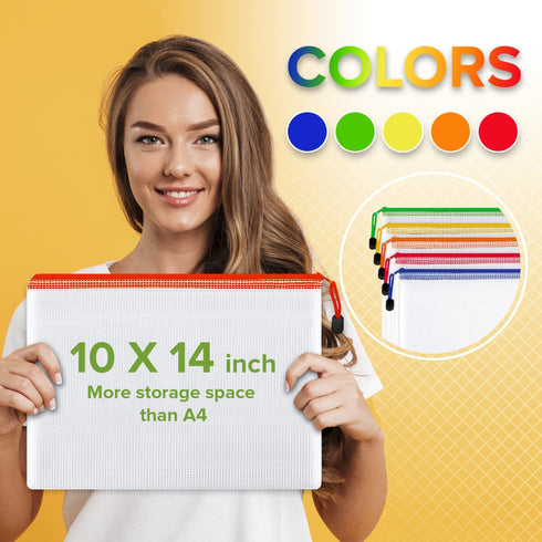 22 Pack Plastic Mesh Zipper Pouch Document Bag 10x14 in Large Document Pouch for School Office Supplies Pouches for Storage Board Game Organizer Plastic Mesh Zipper Pouch 10 x 14 inch