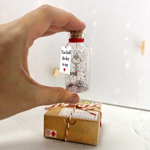 Anniversary Gift for Her & Him Romantic Present for Boyfriend Girlfriend Custom Message I Love You Gifts to Wife Husband (Key in Big Bottle You Hold the Key to My Heart In Beige Craft Box)