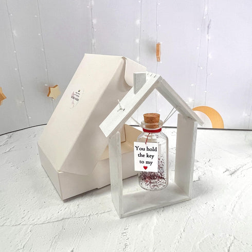 Anniversary Gift for Her & Him Romantic Present for Boyfriend Girlfriend Custom Message I Love You Gifts to Wife Husband (Key in Big Bottle You Hold the Key to My Heart In White Wood Frame)