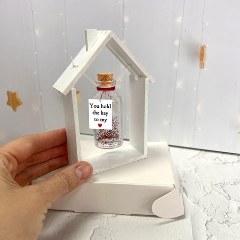 Anniversary Gift for Her & Him Romantic Present for Boyfriend Girlfriend Custom Message I Love You Gifts to Wife Husband (Key in Big Bottle You Hold the Key to My Heart In White Wood Frame)