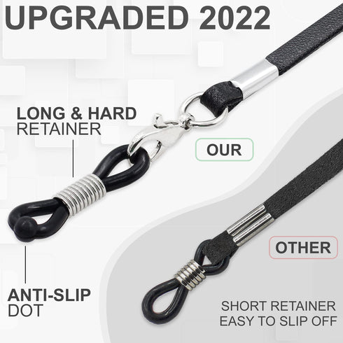 Eyeglass Strap Holders Premium ECO Leather Eye Glass String Strap Eyeglass Chain for Women Men Eye Glass Accessory Chain Around Neck 4 Cords (Black)