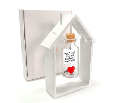 Anniversary Gift for Her & Him Romantic Present for Boyfriend Girlfriend Custom Message I Love You Gifts to Wife Husband (Heart in Big Bottle You're Still The Best Decision In White Wood Frame)