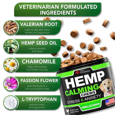 Hemp Calming Chews for Dogs with Anxiety and Stress Dog Calming Treats Dog Anxiety Relief Separation Travel Barking Melatonin for Dogs Hemp Oil Calming Treats for Dogs 120 Treats