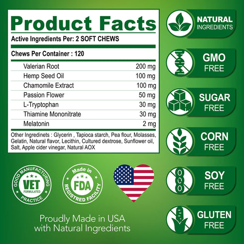 Hemp Calming Chews for Dogs with Anxiety and Stress Dog Calming Treats Dog Anxiety Relief Separation Travel Barking Melatonin for Dogs Hemp Oil Calming Treats for Dogs 120 Treats