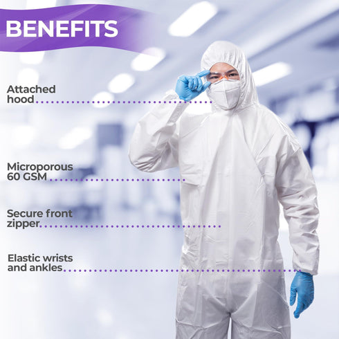 AMZ Medical Supply Disposable Coveralls for Men Women 3X Large Pack of 5 White Hazmat Suits Disposable with Hood Zipper 60gsm Microporous Hazmat Suit Costume Waterproof Lab Coveralls Disposable