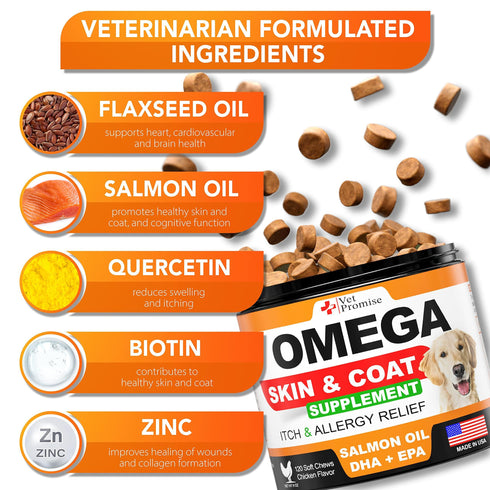 Omega 3 for Dogs Dog Skin and Coat Supplement Fish Oil for Dogs Chews Allergy and Dog Itch Relief Dog Anti Shedding Supplement Dog Dry Skin Treatment Salmon Oil Made in USA 120 Treats