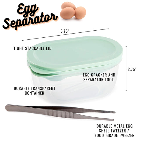 Deluxe 4 In 1 Egg Separator Set Double Egg White Separator With Built In Egg Cracker Food Container Plus Lid and Egg Shell Tweezer Easily Crack Separate and Store Eggs Without Mess Green