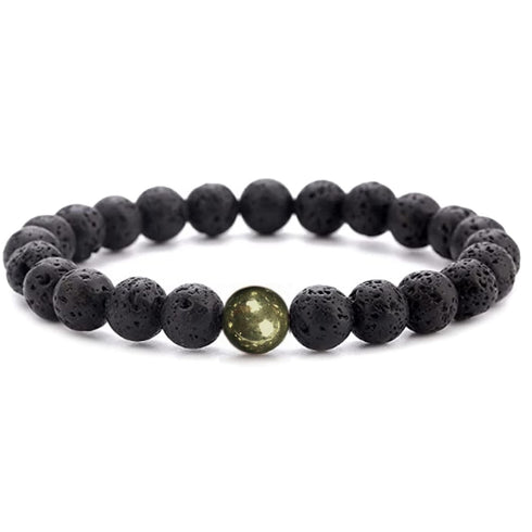 Black Lava Rock Beads Natural Stone Bracelets with Pyrite - Set of 2 - Healing Crystal Energy Activation Power Chakra Reiki Elastic Stretch Bracelet for Protection Man Women Diffuser Elastic Yoga 8mm