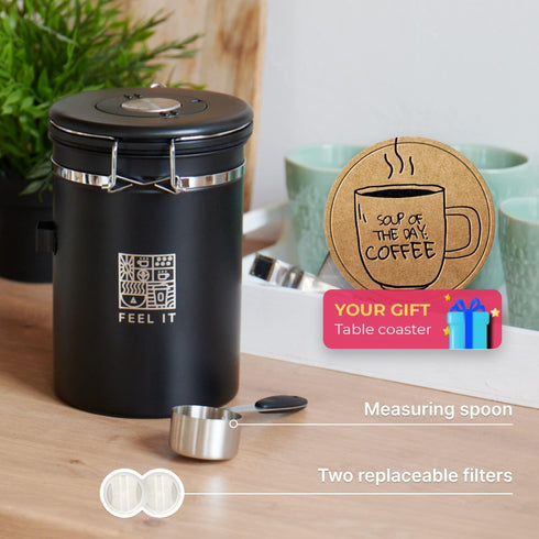Stainless Steel Coffee Canister 21oz Airtight Kitchen Food Storage Container with Date Tracker CO2 Release Valve and Measuring Scoop For Ground Coffee Beans Tea Sugar Large (Black)