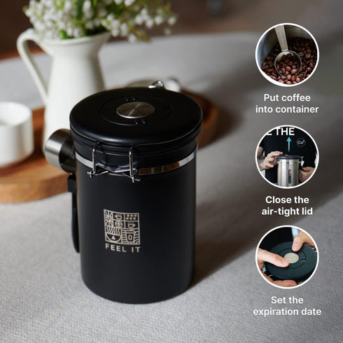 Stainless Steel Coffee Canister 21oz Airtight Kitchen Food Storage Container with Date Tracker CO2 Release Valve and Measuring Scoop For Ground Coffee Beans Tea Sugar Large (Black)