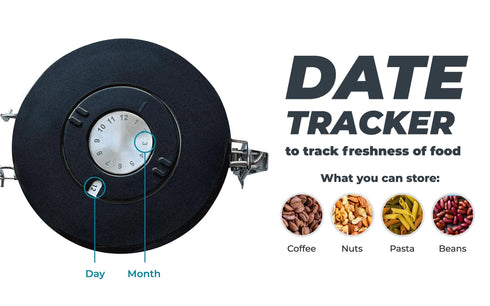 Stainless Steel Coffee Canister 21oz Airtight Kitchen Food Storage Container with Date Tracker CO2 Release Valve and Measuring Scoop For Ground Coffee Beans Tea Sugar Large (Black)