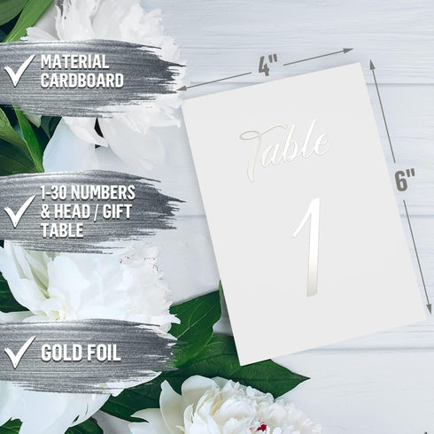 Silver Table Numbers 1 30 for Wedding Reception Silver Foil Table Number Cards 4x6 in with Head & Gift Table Restaurant Table Numbers Wedding Numbers for Tables Card Stock Wedding Table Numbers