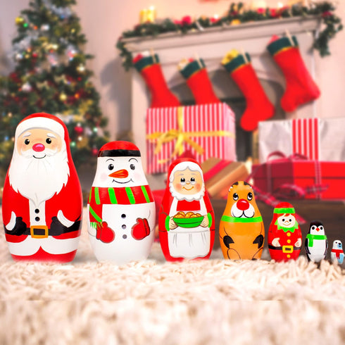 AEVVV Russian Matryoshka Dolls Set 7 pcs Christmas Nesting Dolls Wooden Handmade Stacking Dolls Christmas Decorations Gifts Ideas