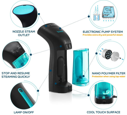 Steamer for Clothes Travel Handheld Portable Steamer for Garment and Fabric No Spitting Safe and Little Handy Compact Mini Clothing Steamer and Curtain with Accessories Black