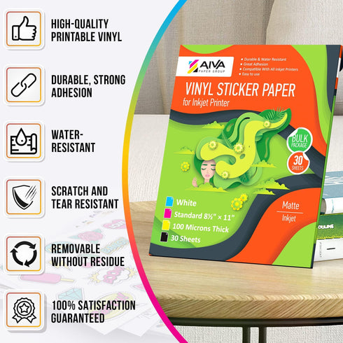 Printable Vinyl Sticker Paper Waterproof Decal Paper for Inkjet Printer 30 SelfAdhesive Sheets Matte White Standard Letter Size 8.5x11