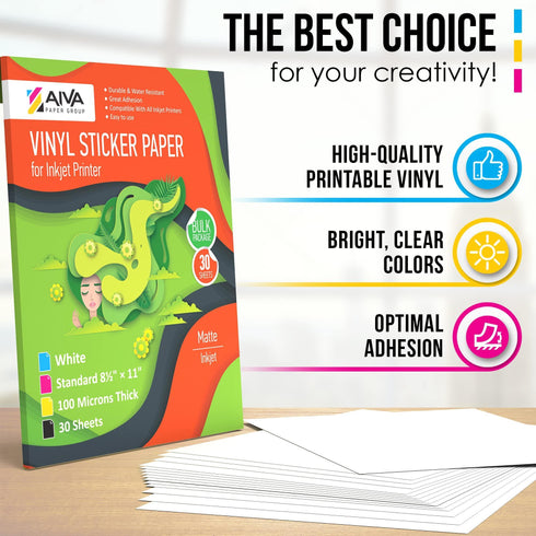 Printable Vinyl Sticker Paper Waterproof Decal Paper for Inkjet Printer 30 SelfAdhesive Sheets Matte White Standard Letter Size 8.5x11