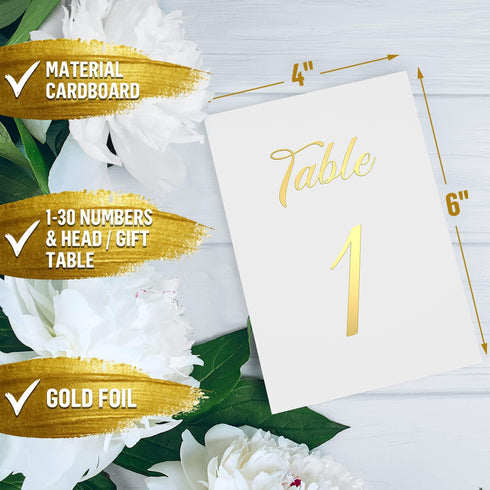 Gold Table Numbers 1 30 for Wedding Reception Gold Foil Table Number Cards 4x6 Inch with Head & Gift Table Restaurant Table Numbers Wedding Numbers for Tables Card Stock Wedding Table Numbers