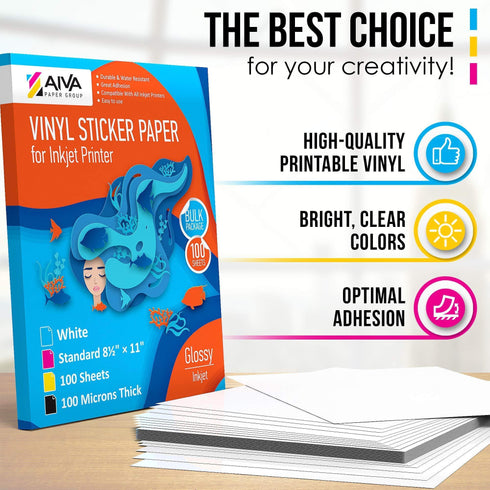 Printable Vinyl Sticker Paper Waterproof Decal Paper for Inkjet Printer 100 SelfAdhesive Sheets Glossy White Standard Letter Size 8.5x11