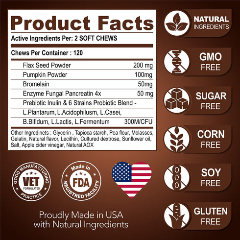 Great Poop Probiotics for Dogs Dog Stool Softener Fiber for Dogs Supplement 6 Probiotics and Digestive Enzymes Healthy Gut Firm Stool & Diarrhea Relief 120 Chews