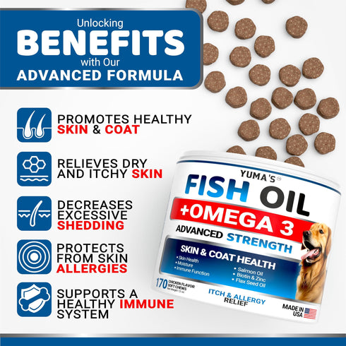 Omega 3 Fish Oil for Dogs 170 Chews Skin and Coat Supplement Omega 3 for Dogs Dry & Itchy Skin Relief Treatment Allergy Support Dog Anti Shedding Treats Shiny Coats EPA & DHA Salmon