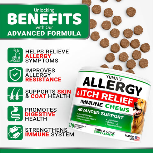 YUMA'S Dog Allergy Relief Chews Dog Itching Skin Relief Treatment Pills 170 Treats Anti Itch for Dogs Itchy and Paw Licking Dry Skin & Hot Spots Omega 3 Fish Oil Skin & Coat Supplement