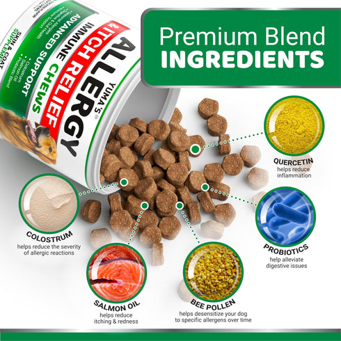 YUMA'S Dog Allergy Relief Chews Dog Itching Skin Relief Treatment Pills 170 Treats Anti Itch for Dogs Itchy and Paw Licking Dry Skin & Hot Spots Omega 3 Fish Oil Skin & Coat Supplement