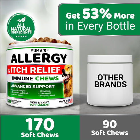 YUMA'S Dog Allergy Relief Chews Dog Itching Skin Relief Treatment Pills 170 Treats Anti Itch for Dogs Itchy and Paw Licking Dry Skin & Hot Spots Omega 3 Fish Oil Skin & Coat Supplement