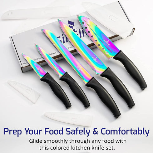 Kitchen Knife Set Professional Titanium Coated Stainless Steel Blades Dishwasher Safe Safety Sheaths 5 Knives