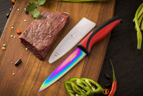 Kitchen Knife Set Professional Titanium Coated Stainless Steel Blades Dishwasher Safe Safety Sheaths 5 Knives