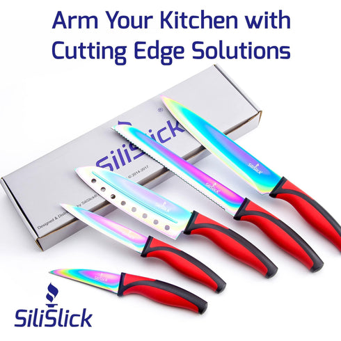 Kitchen Knife Set Professional Titanium Coated Stainless Steel Blades Dishwasher Safe Safety Sheaths 5 Knives