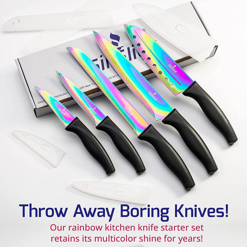 Kitchen Knife Set Kit 5 Professional Grade Iridescent Blade Knives | Includes Knife Sharpener & Magnetic Wall Hanger | Red Handle with Red Knife Rack