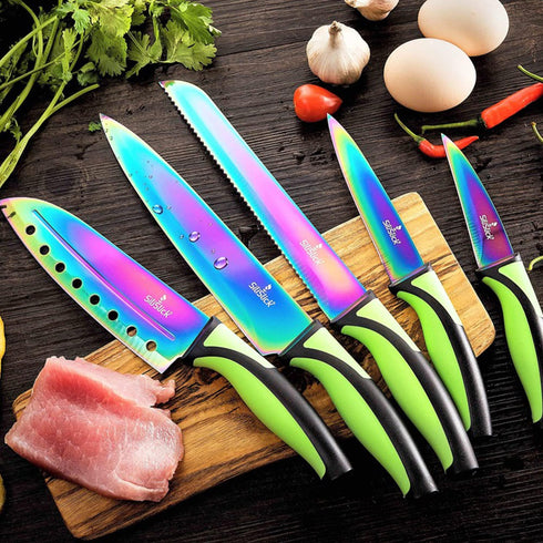 Kitchen Knife Set Kit 5 Professional Grade Iridescent Blade Knives | Includes Knife Sharpener & Magnetic Wall Hanger | Red Handle with Red Knife Rack
