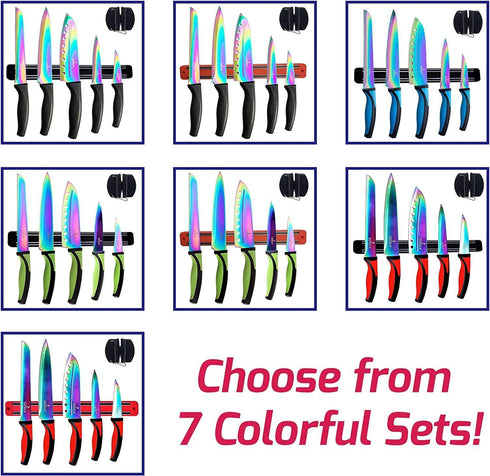 Kitchen Knife Set Kit 5 Dishwasher Safe Colorful Knives Knife Sharpener & Magnetic Wall Bar Titanium Non Stick Plating Stainless Steel