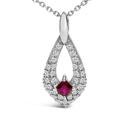 .925 Sterling Silver Created Red Ruby and White Sapphire Pear Shaped Pendant Necklace - 18" Inches