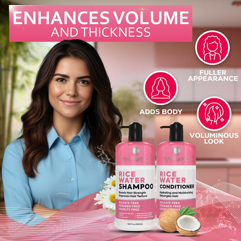 Rice Water Shampoo and Conditioner Set Sulfate Free for Thin and Fine Hair Fuller Thickening Formula for Women and Men With Strengthening Saw Palmetto Anti Thinning Volumizing for Thick Hair