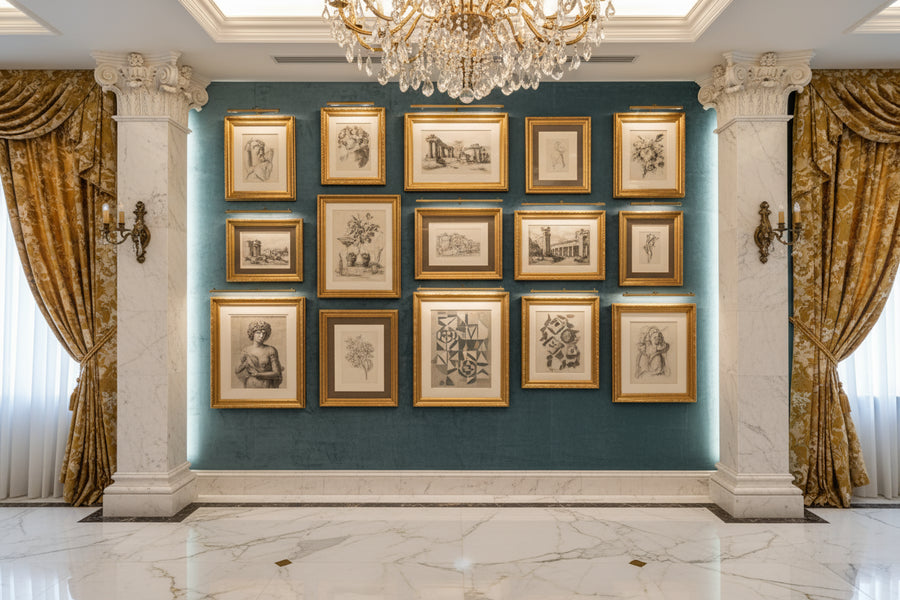 An Interior Luxury home wall full of the precious wall hanged drawings with marble floor and a great theme of neo classic pillars and curtain
